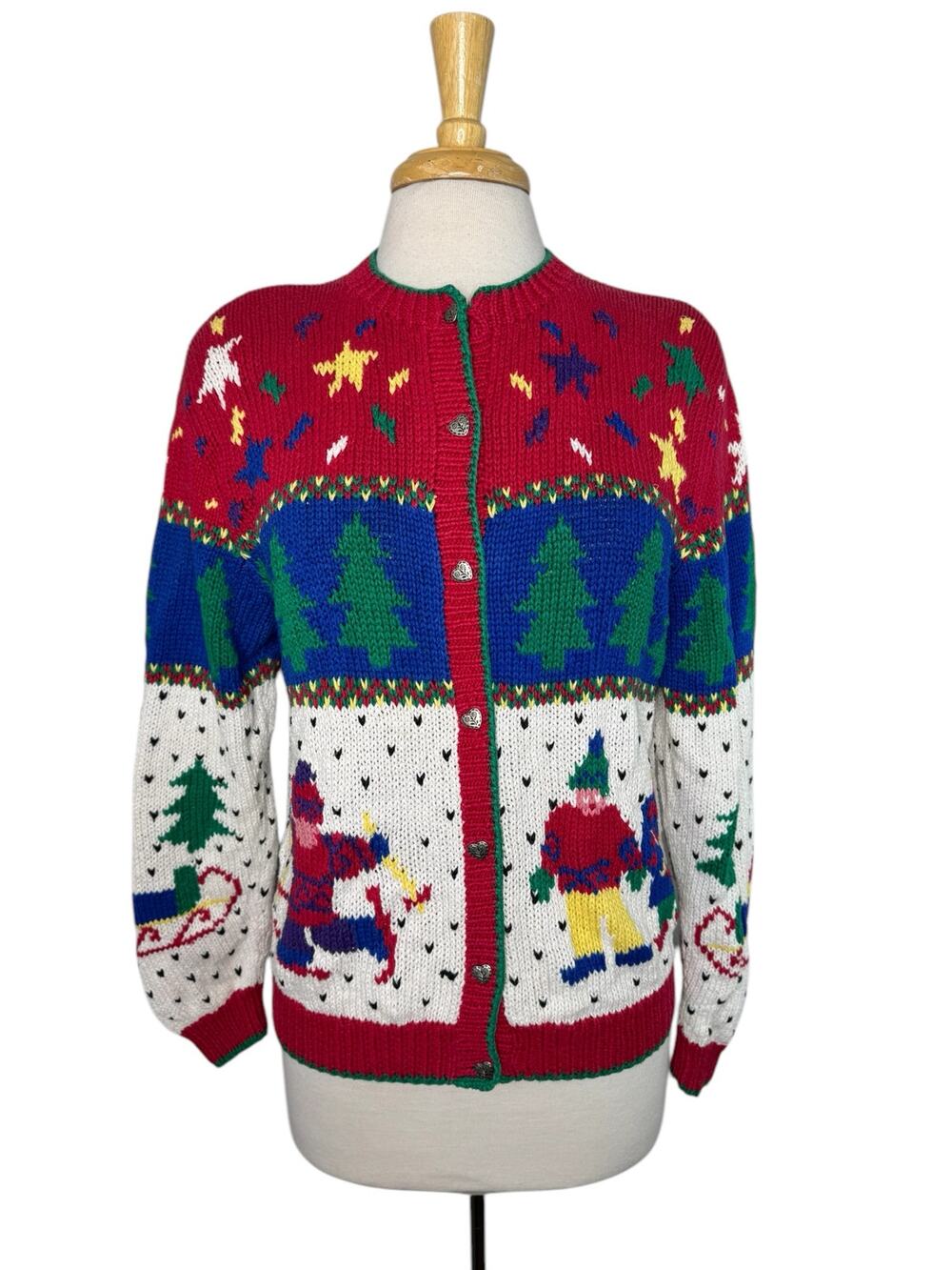 Vintage 80s 90s Christmas Cardigan Sweater Handknit Size Medium Womens HEIRLOOM